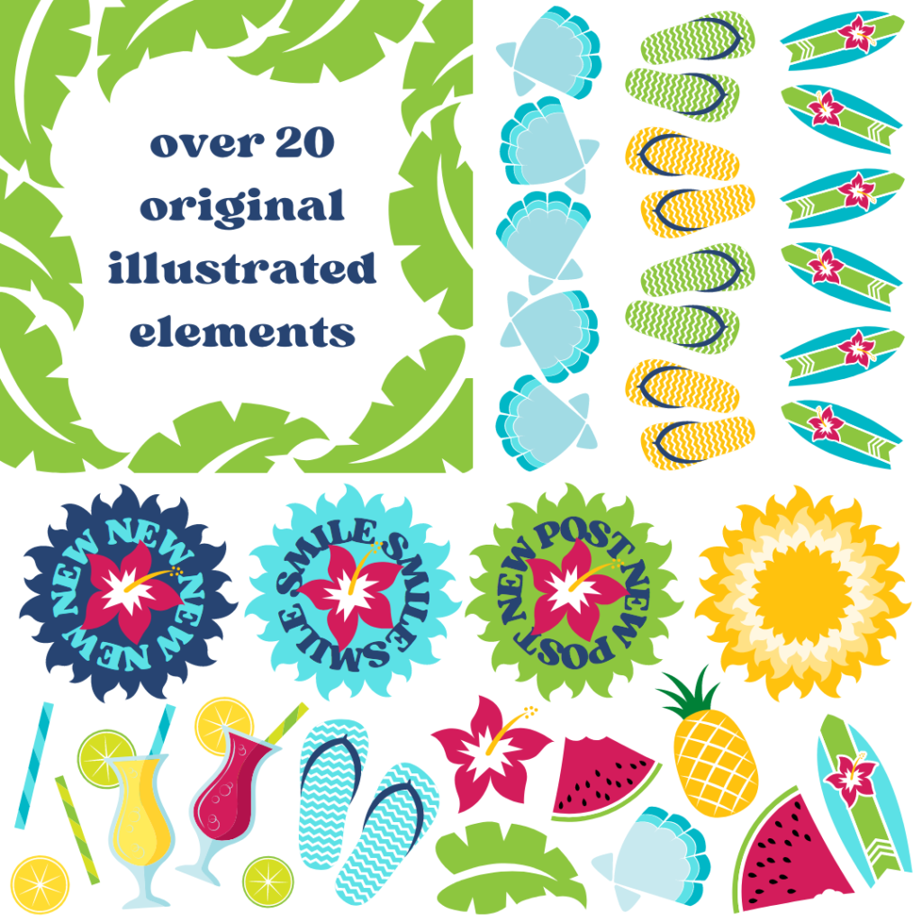 over 20 original illustrated elements